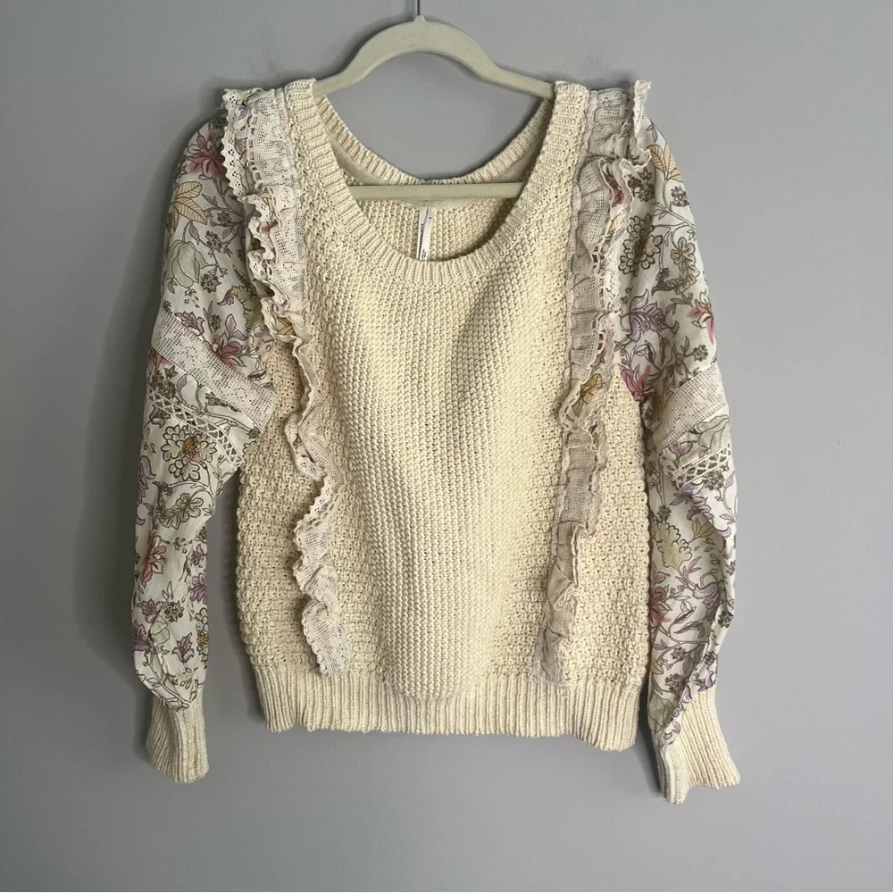 Anthropologie Printed Sleeve Ruffle Sweater Top Long Sleeve Women's Small